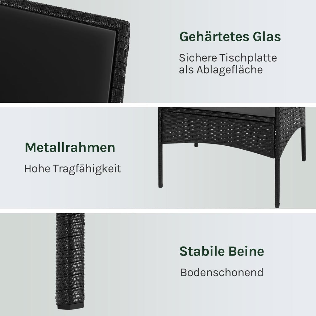 WOLTU Gartenmöbel 4-teilig Set mit 1 Sofa, 2 Sessel, 1 Couchtisch und Kissen Lounge-Möbel Outdoor 2-Sitzer-Bank mit Glas Gartentisch Terrassenmöbel Wetterfest für Garten, Terrassen, Balkon, Schwarz