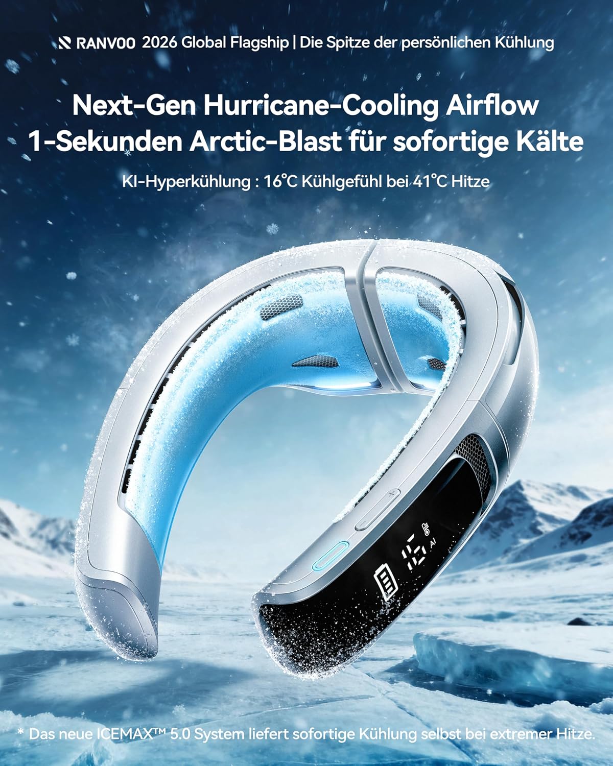 RANVOO AICE LITE MAX 2026 KI Nacken Klimaanlage [#1 Kühlster & Langlebigster] Arktischer Wind, Immenser Nackenlüfter 6000mAh Akku, Tragbarer Ventilator bläst kalte Luft, Sommer Geschenk Frostsilber