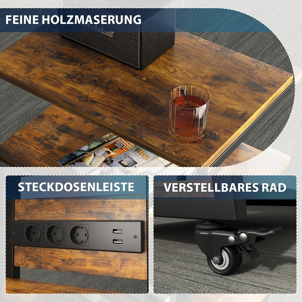 Rack HiFi de madera de 4 niveles con regletas y estante ajustable | Mesa para tocadiscos con ruedas y luces LED, estante para sistema estéreo, soporte multimedia para audio, equipos de sonido, TV, 60x52x78 cm