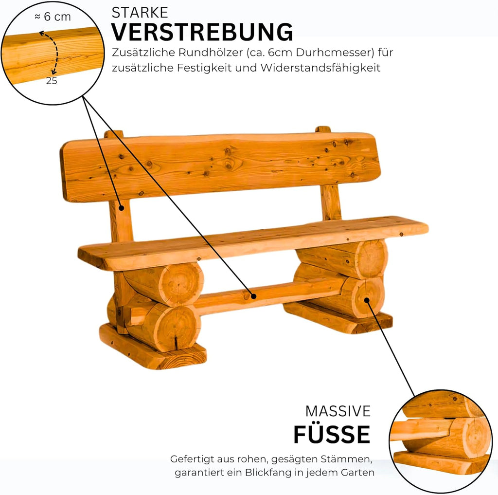 Mega Holz Gartenbank Rustikal Pinie Lasiert 200 cm - Massivholz Bank aus Kiefernholz - Fertig montierte Sitzbank für Terrasse, Garten & Balkon mit Rückenlehne - Für 4 Personen, wetterfest & robust