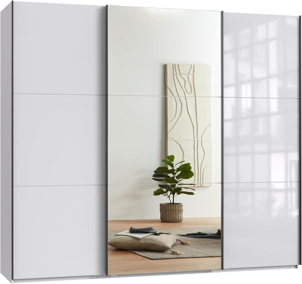 Schwebetürenschrank 3-türig B250/H216/T65 cm Weiß m. Glasfront, Spiegel, schwarzen Griffleisten, inkl. Selbsteinzug, Kleiderschrank m.Einlegeböden, Kleiderstangen, Schubladen, Wäscheeinteilung / 22033