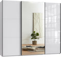Schwebetürenschrank 3-türig B250/H216/T65 cm Weiß m. Glasfront, Spiegel, schwarzen Griffleisten, inkl. Selbsteinzug, Kleiderschrank m.Einlegeböden, Kleiderstangen, Schubladen, Wäscheeinteilung / 22033