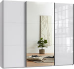 Schwebetürenschrank 3-türig B250/H216/T65 cm Weiß m. Glasfront, Spiegel, schwarzen Griffleisten, inkl. Selbsteinzug, Kleiderschrank m.Einlegeböden, Kleiderstangen, Schubladen, Wäscheeinteilung / 22033
