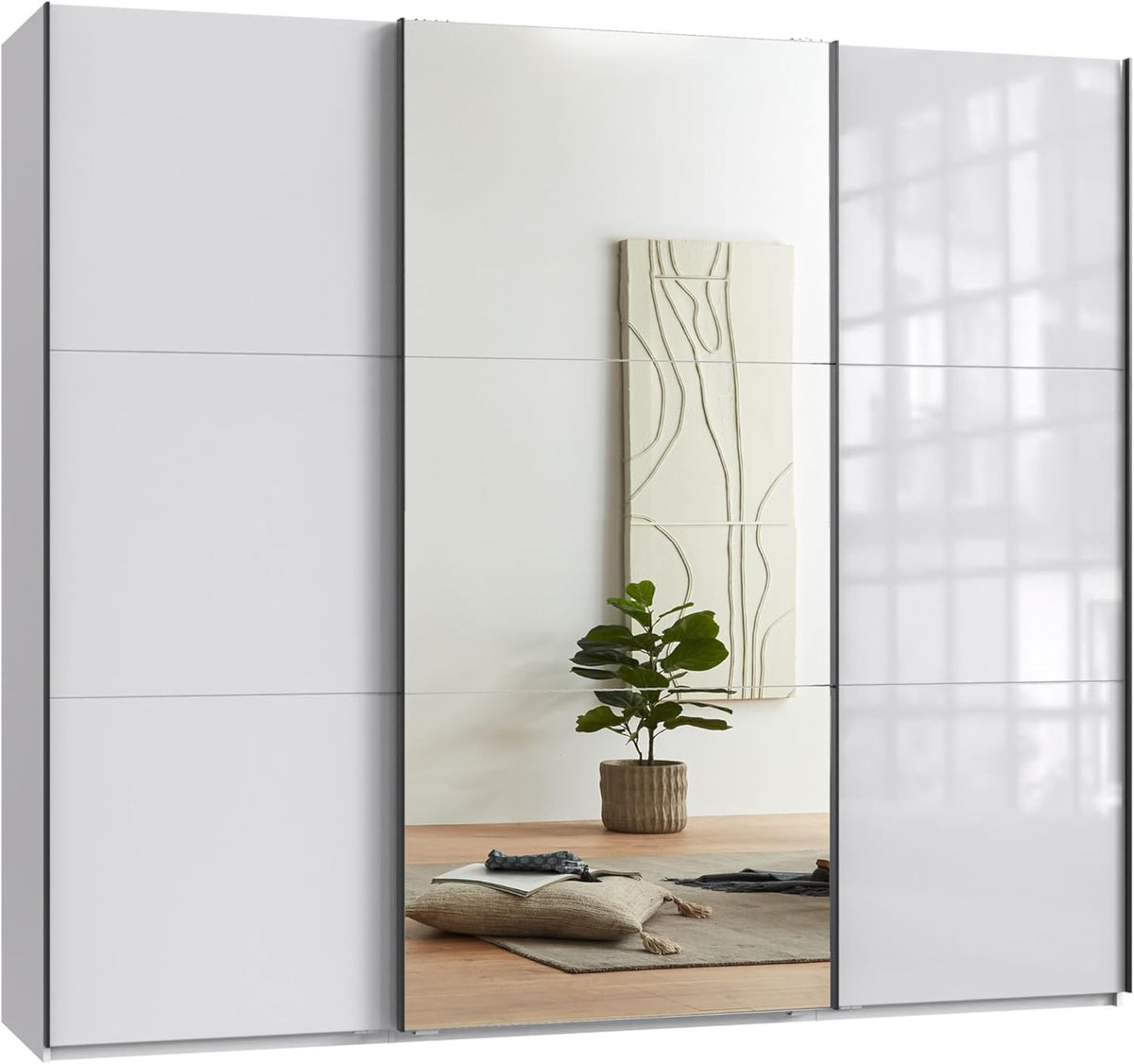 Schwebetürenschrank 3-türig B250/H216/T65 cm Weiß m. Glasfront, Spiegel, schwarzen Griffleisten, inkl. Selbsteinzug, Kleiderschrank m.Einlegeböden, Kleiderstangen, Schubladen, Wäscheeinteilung / 22033