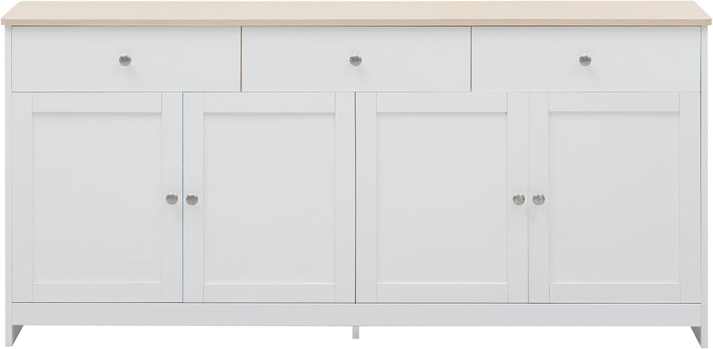 Ymkua Sideboard, Buffetschrank, Kommode für Wohnzimmer und Esszimmer, Aufbewahrungsschrank mit 4 Türen und 3 Schubladen, Moderner Wohnzimmerschrank, 160x37x75 cm, Holz und Weiß