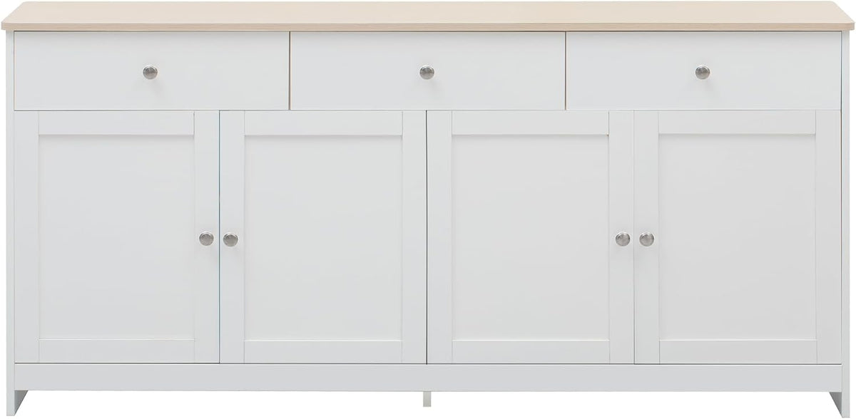 Ymkua Sideboard, Buffetschrank, Kommode für Wohnzimmer und Esszimmer, Aufbewahrungsschrank mit 4 Türen und 3 Schubladen, Moderner Wohnzimmerschrank, 160x37x75 cm, Holz und Weiß
