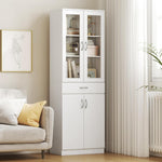 HOMCOM Alacena de cocina mueble buffet con estante ajustable, cajón, 2 armarios, armario alto con puerta de cristal y función de cierre suave para cocina, comedor, salón, 60 x 35 x 180 cm, blanco