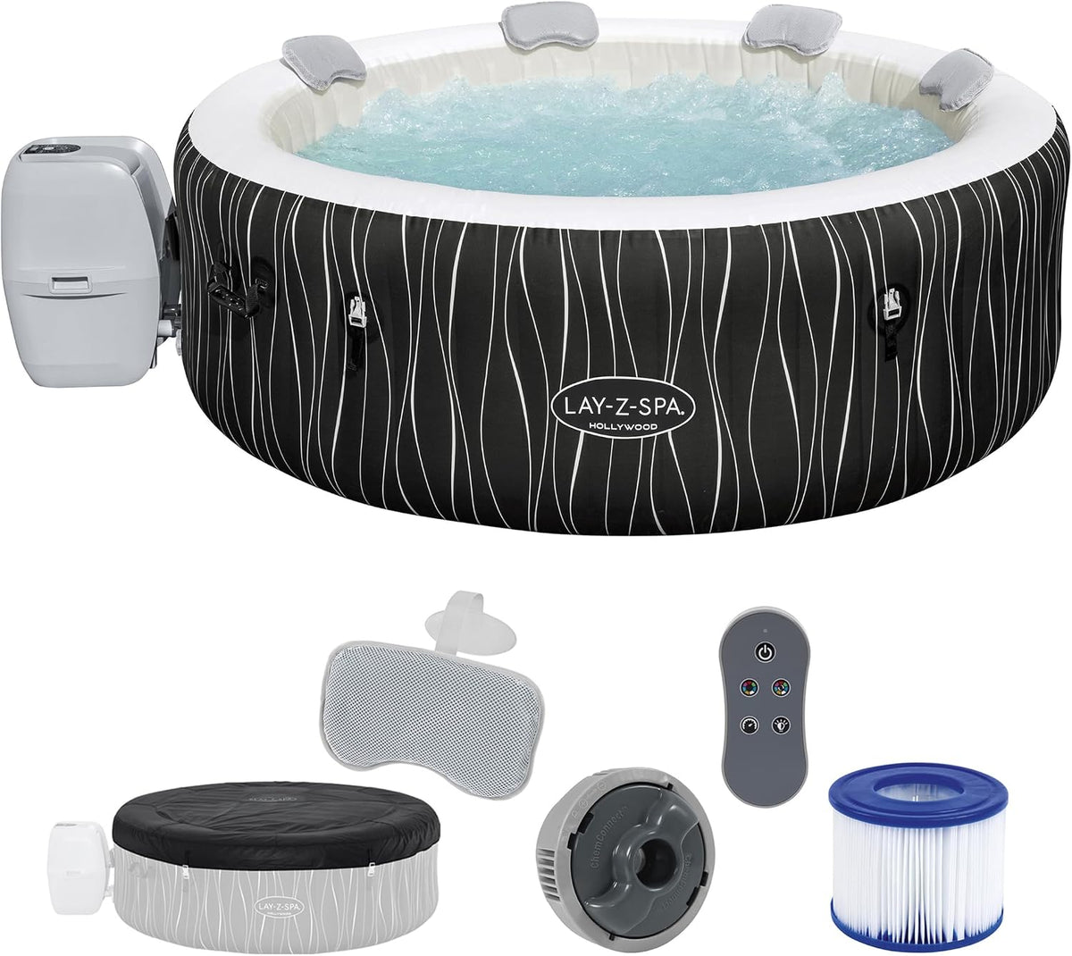 Jacuzzi inflable LED Bestway Lay-Z-Spa Hollywood para 6 personas, Ø 196x66 cm | 140 chorros AirJet, tira de luces LED con control remoto, calefacción hasta 40°C, 4 cojines de espuma