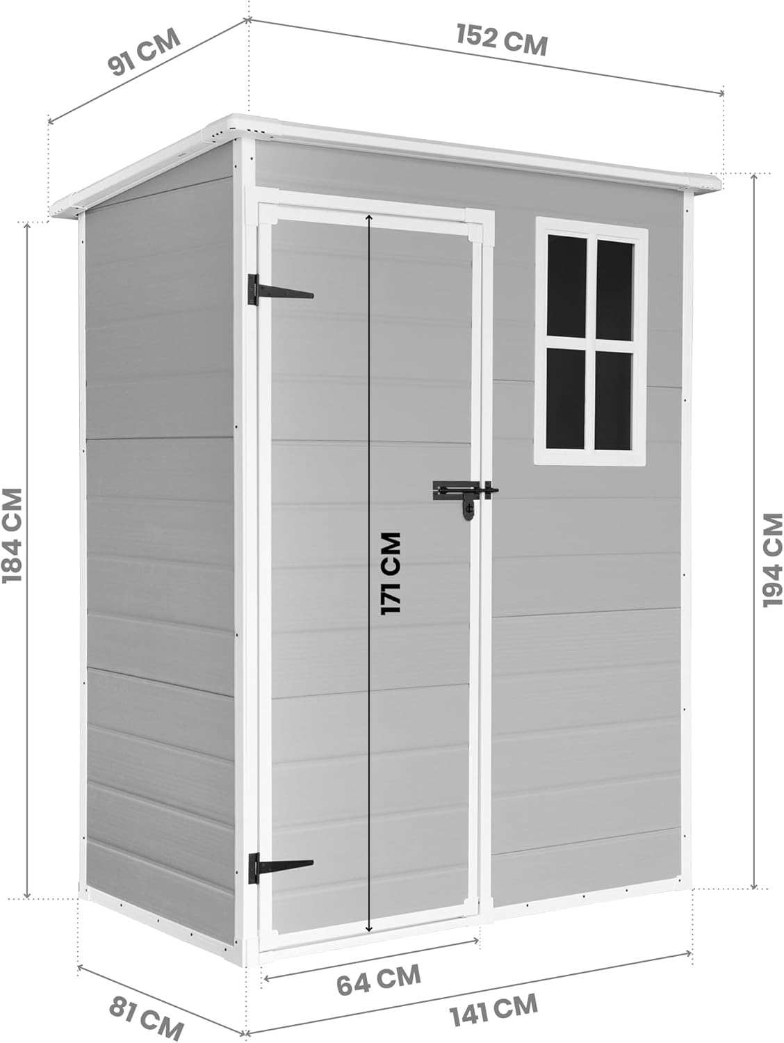 Wasabi - Caseta de resina para jardín Unit 1.4 – Ventana de luz natural - Suelo incluido - Paneles de 12 mm de espesor - Gris y blanco - Cobertizo de PVC para almacenaje exterior - 1,37 m² - Techo plano