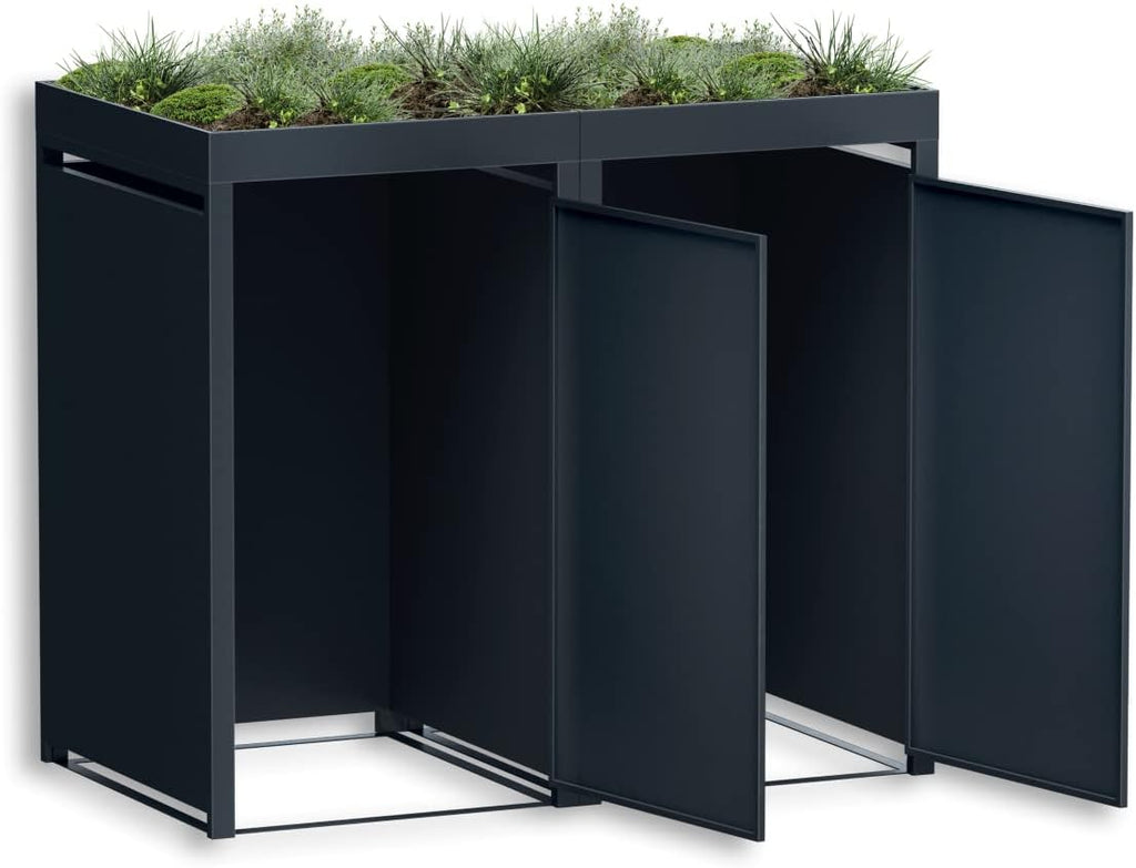 Cubo para basura Metzler en color antracita con techo para plantas, para 2 cubos de 240L, revestimiento para 2 cubos, acero con recubrimiento en polvo y resistente a la intemperie con tapa automática, con cerradura, caja para jardín y basura