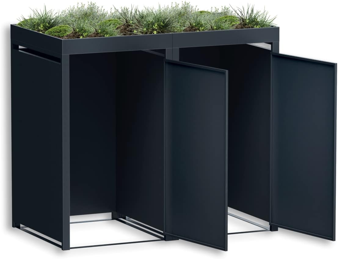 Cubo para basura Metzler en color antracita con techo para plantas, para 2 cubos de 240L, revestimiento para 2 cubos, acero con recubrimiento en polvo y resistente a la intemperie con tapa automática, con cerradura, caja para jardín y basura