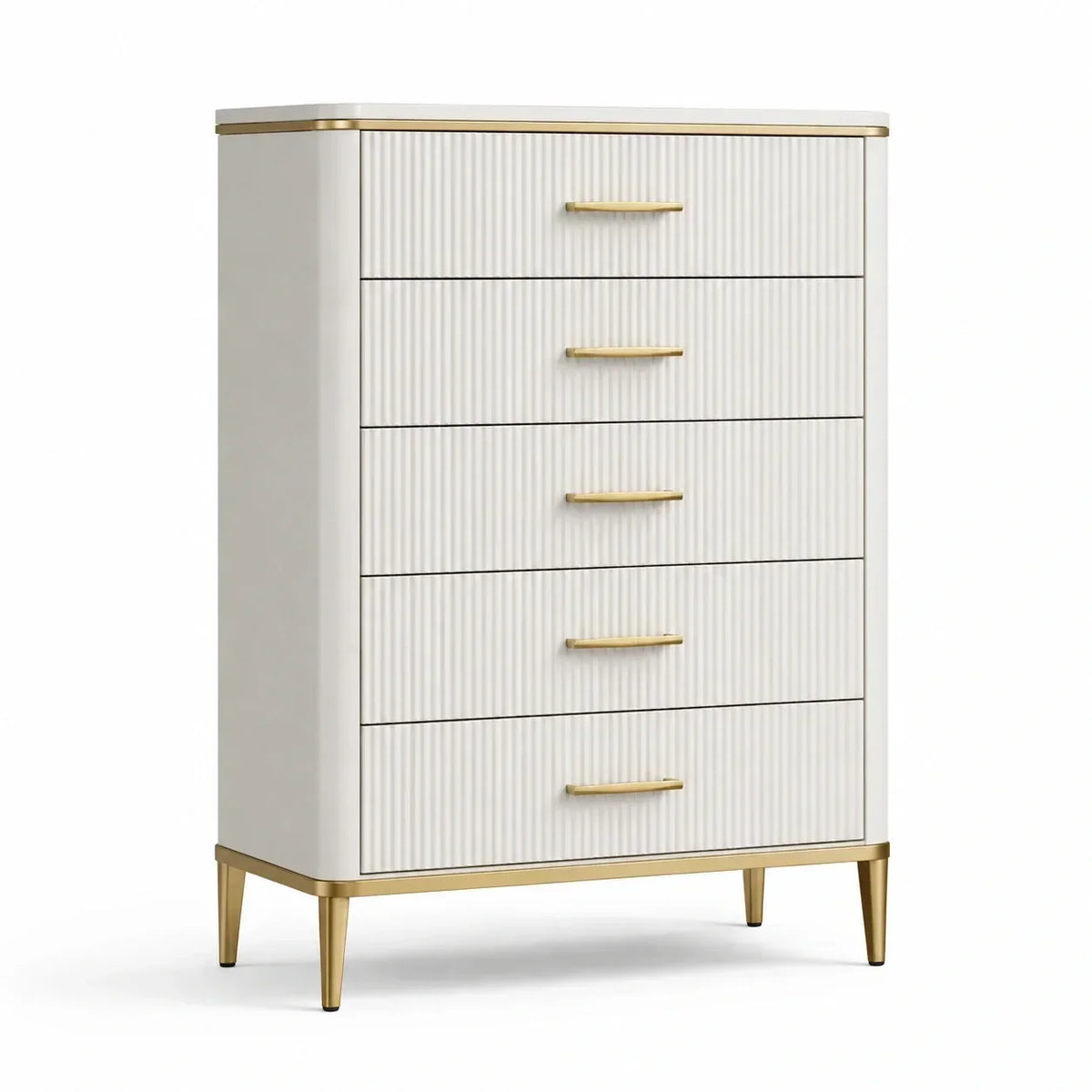 Cómoda de 5 cajones de MDF y acero en blanco/dorado