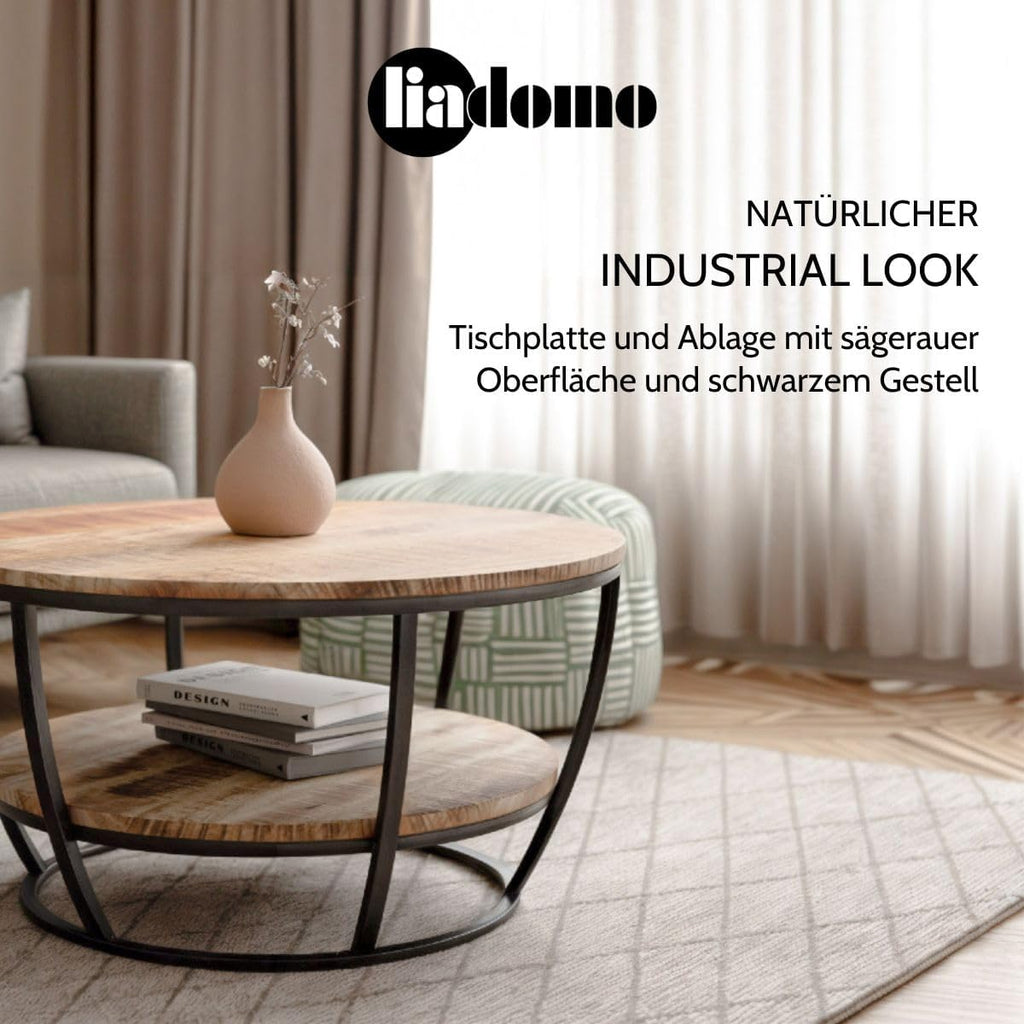 Couchtisch Gianna, rund 86cm, Wohnzimmertisch, Beistelltisch, Tischplatte aus Mangoholz, Metallgestell in Schwarz pulverbeschichtet, mit zusätzlicher Ablage, robust, pflegeleicht