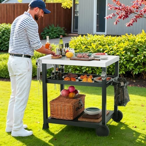 LIFERUN Edelstahl Grillwagen 3 Etagen, Grilltisch Outdoor mit Edelstahl Tischplatte, Grill Beistelltisch Servierwagen, Garten Trolley Küchenwagen mit Rollen Haken, BBQ Beistellwagen Außenbereich