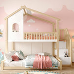 Litera infantil Merax para 2 niños, 90x200 y 140x200 cm, cama alta tipo casita con techo, ventana y barandilla, escalera con 2 compartimentos de almacenamiento, cama con somier y protección anticaídas, sin colchón, blanco y natural