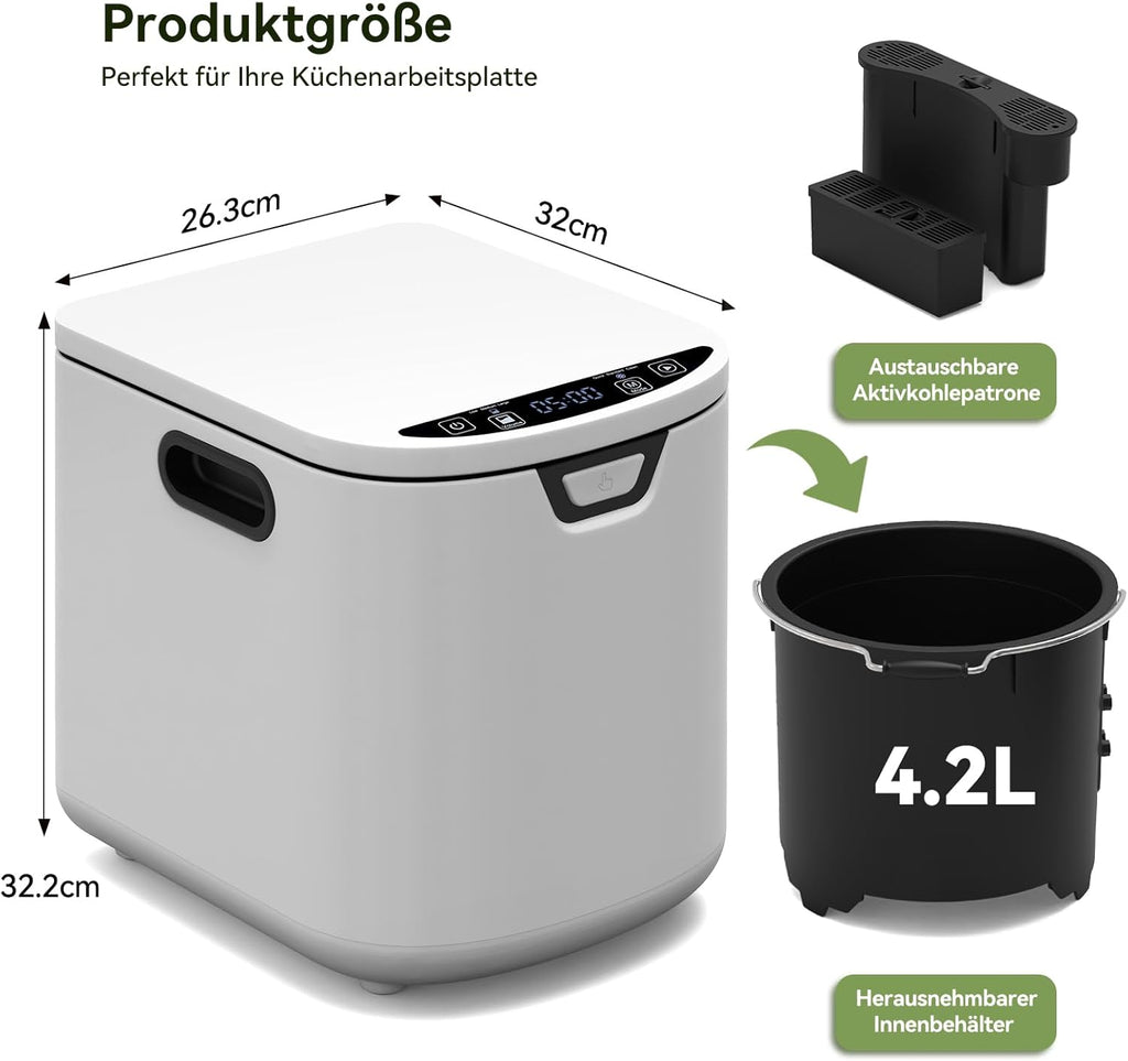 Compostador eléctrico Fullwatt 4.2L, compostador eléctrico inodoro de secado rápido con 2 filtros de carbono, cubo de compostaje y pantalla LED para materia orgánica y restos de comida, autolimpiable