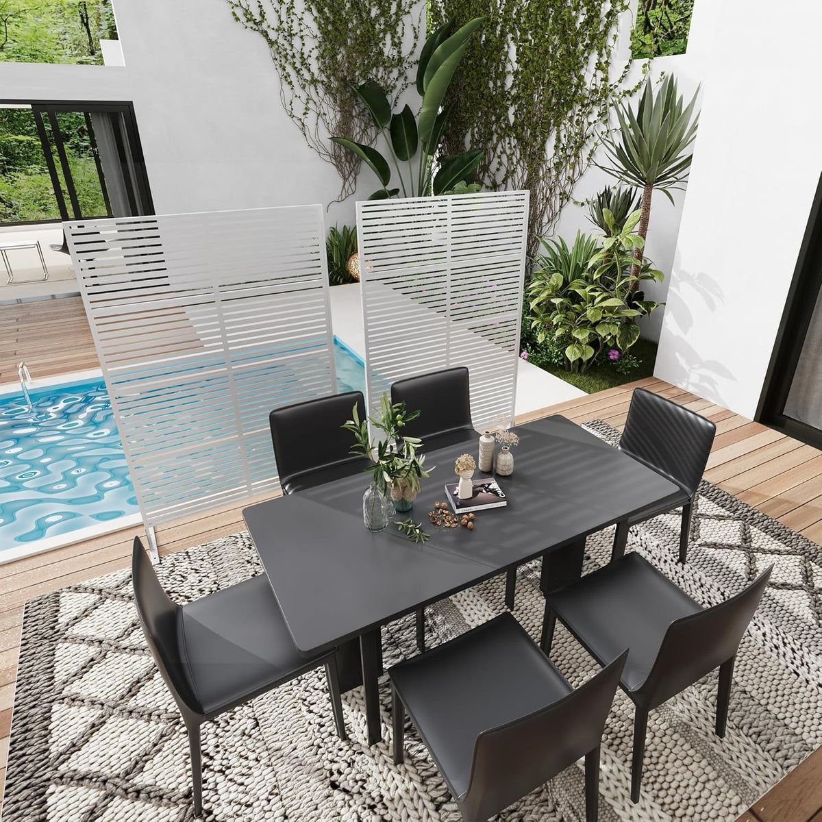 Set de 2 paneles de privacidad de metal, biombo independiente de 180x120 cm, separador de ambientes resistente a la intemperie para jardín, terraza, balcón y decoración exterior, con soporte, acero galvanizado, rayas horizontales blancas