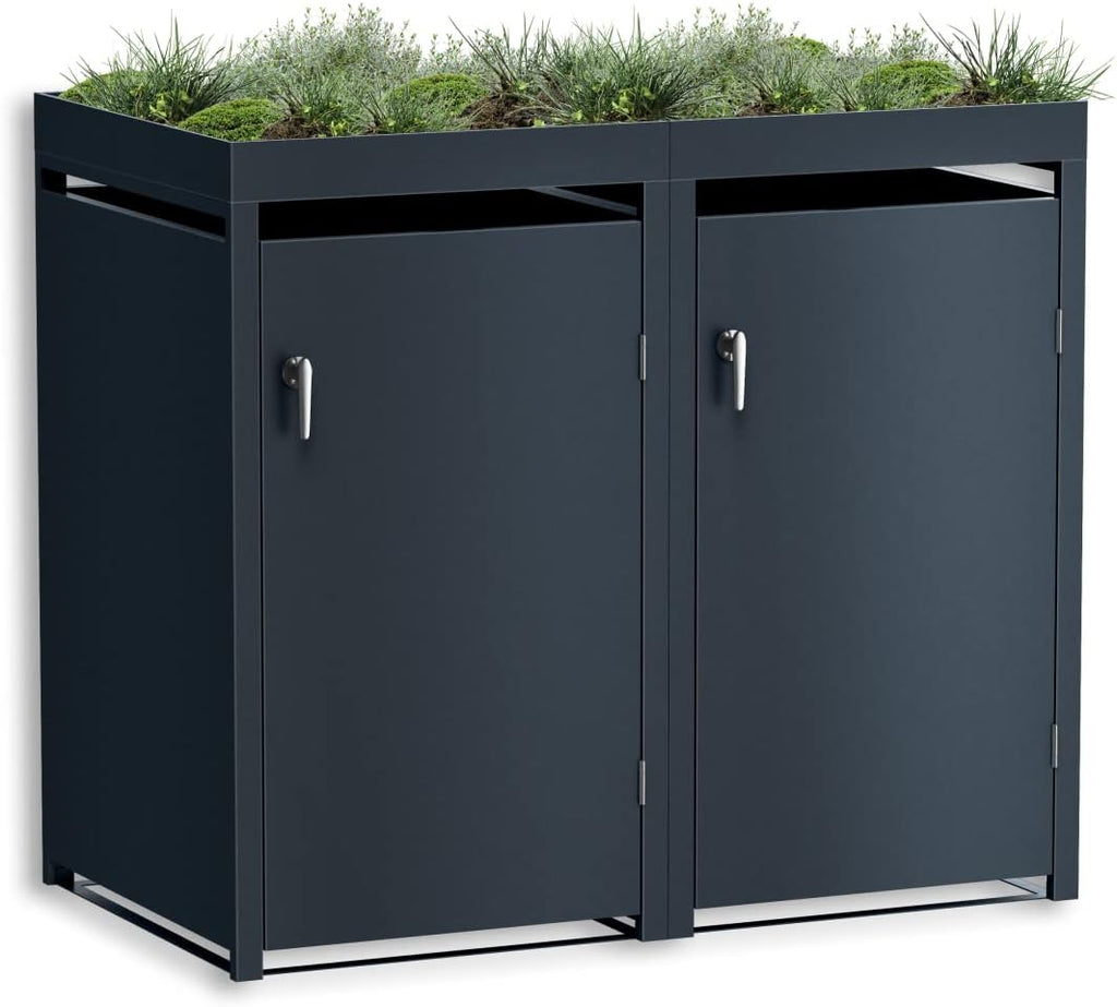 Cubo para basura Metzler en color antracita con techo para plantas, para 2 cubos de 240L, revestimiento para 2 cubos, acero con recubrimiento en polvo y resistente a la intemperie con tapa automática, con cerradura, caja para jardín y basura