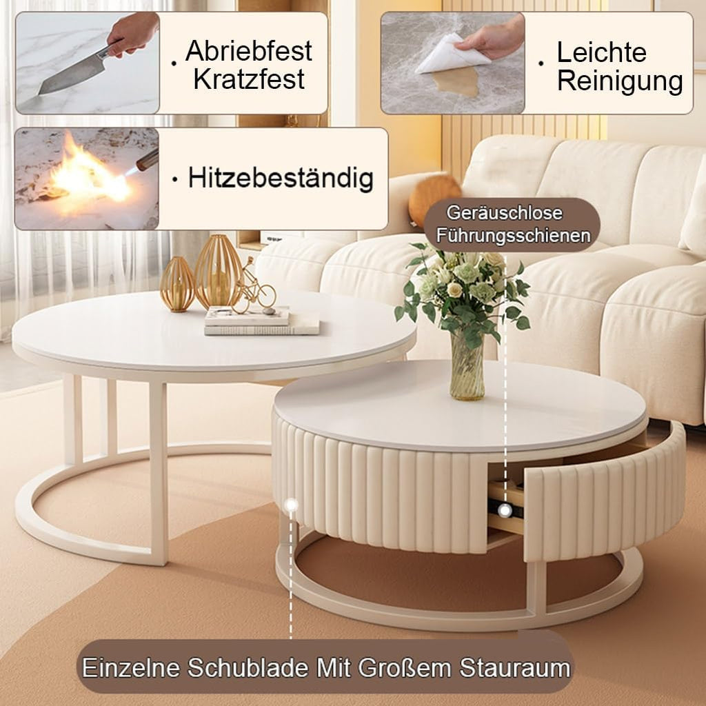 Runder Couchtisch Weiß Couchtisch Rund 2er Set Wohnzimmertisch Nesting Kaffeetisch Für Wohnzimmer, Balkon Und Büro - 70cm+50cm