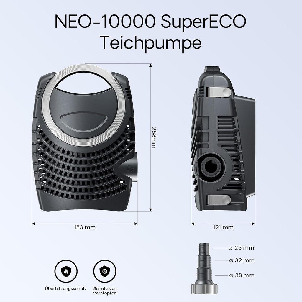 Set completo SunSun: filtro para estanque CBF-350C para estanques de hasta 90.000 l como filtro de flujo, bomba para estanque NEO10000 SuperECO 10.000 l/h 80 W, clarificador UVC para estanque CUV-236 de 36 W, distribuidor en Y