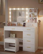 Hzuaneri Schminktisch mit 10 LED-Beleuchtung, Hocker, Frisiertisch mit Große Spiegel, Schminktische mit Stecker, Und Haartrocknerhalter, Und Mehreren Schubladen, Weiß DT42903XEU