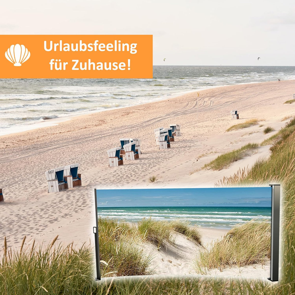 Seitenmarkise Sichtschutz Fotodruck Strand Düne Meer Ostsee Windschutz rechts 160x300 cm