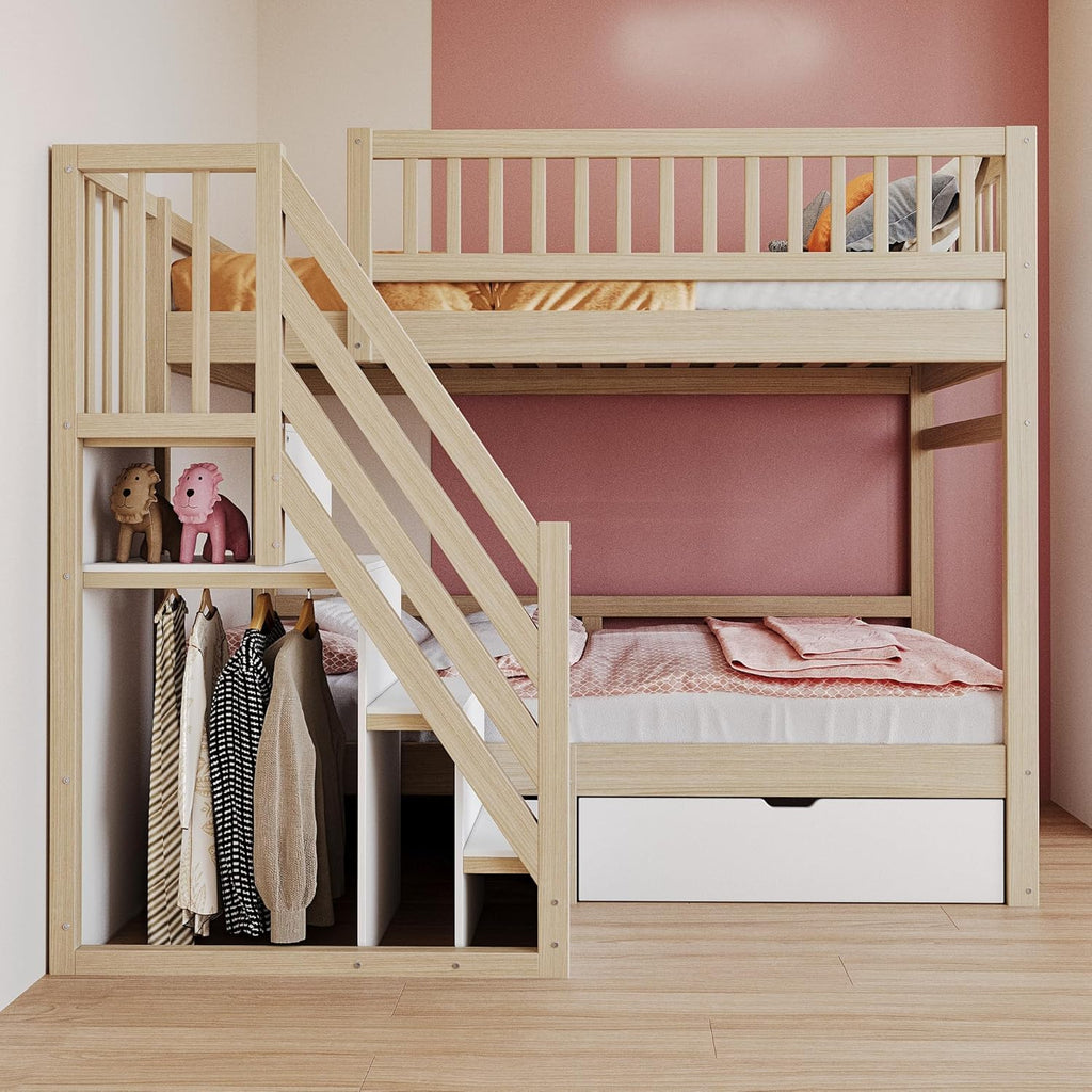Litera 90x200 para 2 niños, cama alta infantil con escalera, armario de almacenamiento y cajón, cama funcional, litera, cama alta juvenil con 2 somieres, madera maciza, sin colchón, color madera