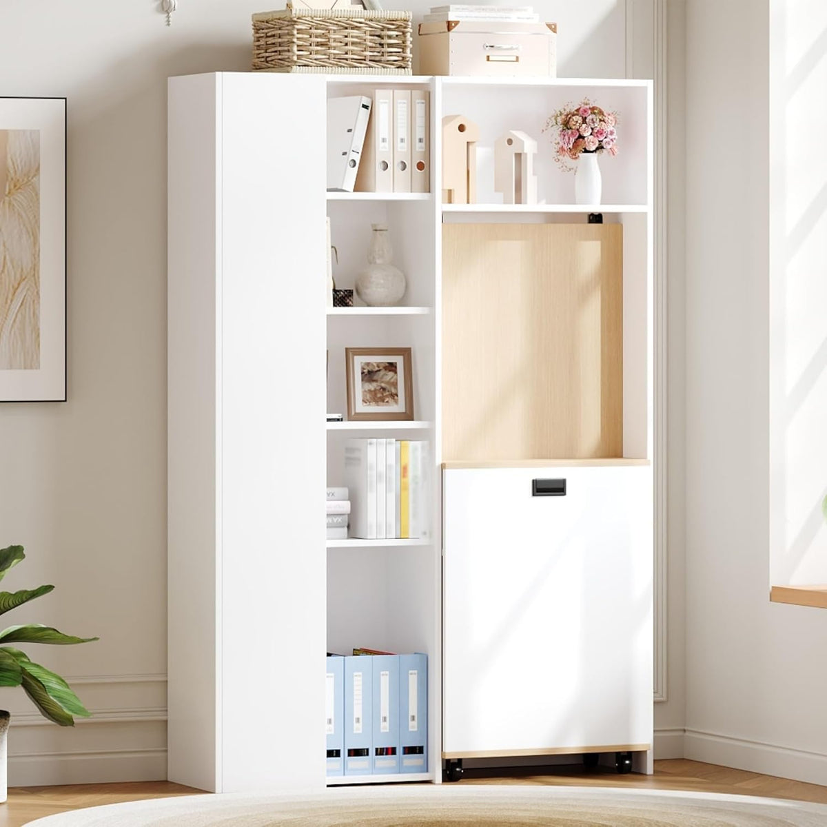 Merax klappbarer 2-in-1 Schreibtisch mit Ablagen, Steckdose & USB, Kippschutz, Eck-Schreibtisch Links – Homeoffice, Studentenwohnung, platzsparend, funktional, Regal & Arbeitsplatz, Weiß