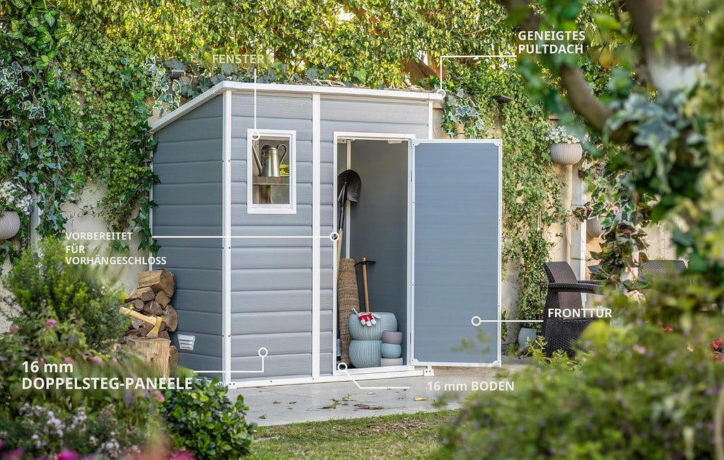 Caseta de jardín Keter Manor Pent 6x4 resistente a la intemperie, plástico, exterior, dimensiones exteriores: ancho x fondo x alto: 183,5 x 111 x 200,5 cm, dimensiones interiores: 168,5 x 97 x 154 cm, gris