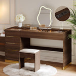 Tocador Homary con espejo, iluminación, estación de carga USB y espacio de almacenamiento, elegante tocador moderno con espejo iluminado de 3 modos y expositor de joyas integrado, nogal