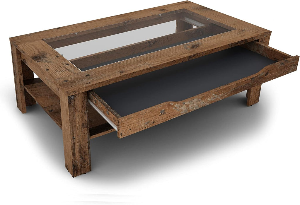 byLIVING Couchtisch Ralph/Eiche-Altholz-Optik dunkel-braun/Sofatisch mit Glaseinlage und großzügiger Schublade in braun/Beistelltisch mit viel Stauraum/B 110, H 43, T 67 cm