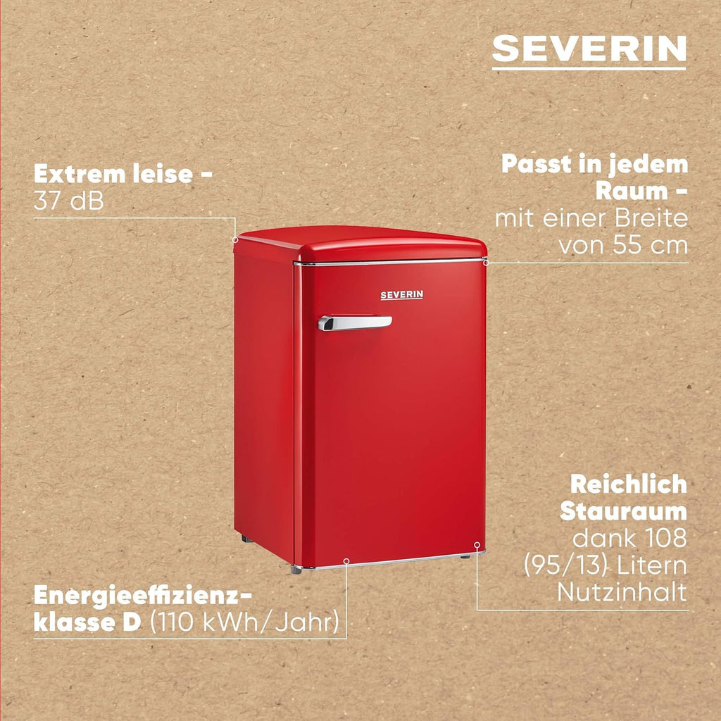 Mini refrigerador retro SEVERIN, incluye opción de refrigeración que ahorra espacio, 2 estantes ajustables en altura, compartimento congelador integrado, extremadamente silencioso - 37 dB, 108 L de capacidad útil, rojo, RKS 8830