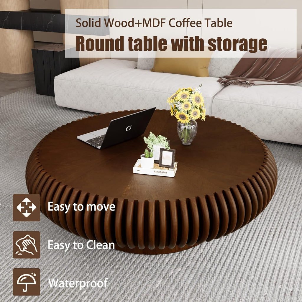 Mesa de centro redonda tipo tambor de madera, superficie acanalada, diseño de mediados de siglo, mesa de salón, estable y duradera (B madera de nogal 100 cm)