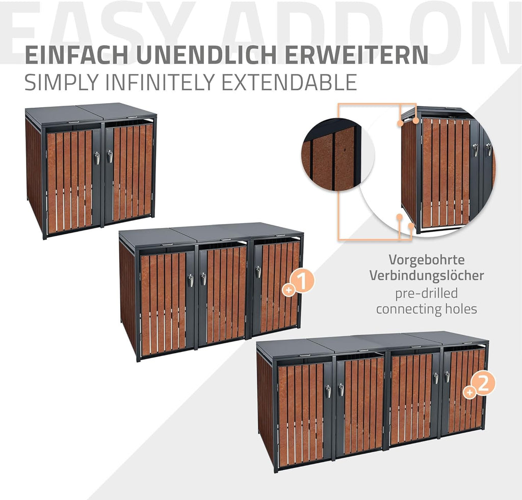ML-Design Mülltonnenbox 3er 240L, Mülltonnenverkleidung für 3 Mülltonnen, Müllbox wetterfest, Mülltonnenhaus aus Stahl, Müllcontainer mit Deckel, abschließbare Tür, 200x80x116,3 cm Anthrazit-Rostoptik