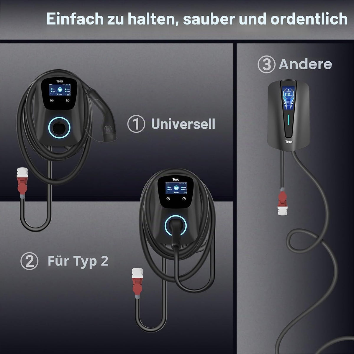 Tera EV Ladegerät Smart APP mit 32A Typ 2 22kW oder 11kW Heim Ladestation 400V CE & TÜV Wallbox 7m Ladekabel mit Ladegerätehalter App-Steuerung CEE 3-Phasen Stecker für Alle EVs und PHEVs W01 Schwarz