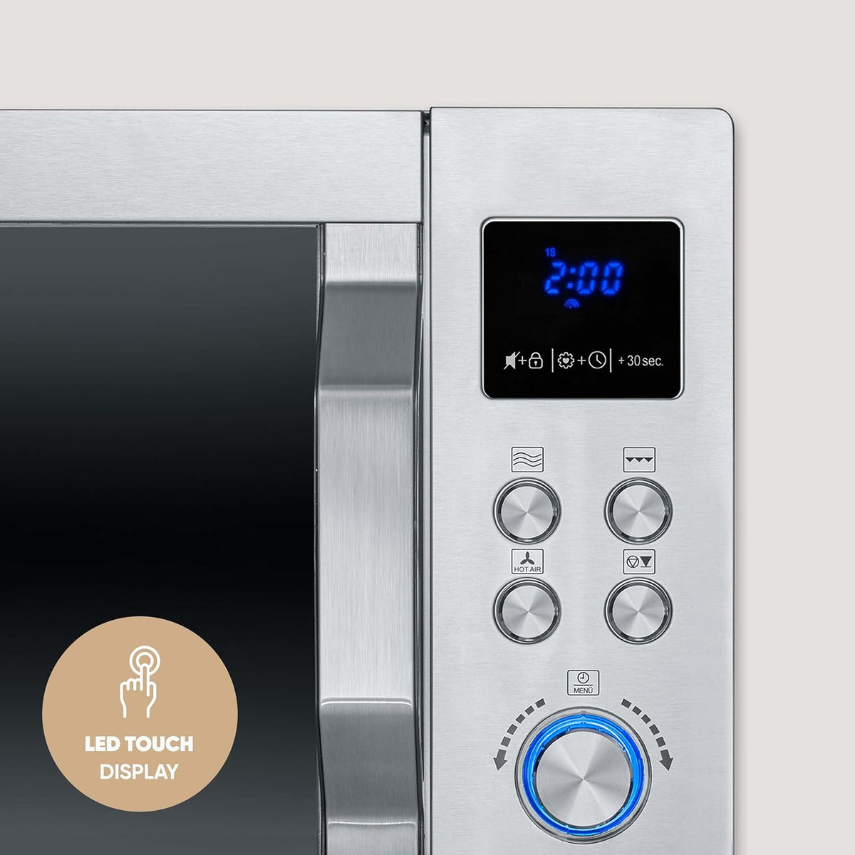 SEVERIN 4-in-1 Mikrowelle „Crispy Wave“, Heißluft-Funktion bis 230°C, Heißluftfritteuse, Mikrowelle, Backofen & Grill, 95 min Timer, max. 2150 W Leistung, 25L, Silber/Edelstahl, MW 7982