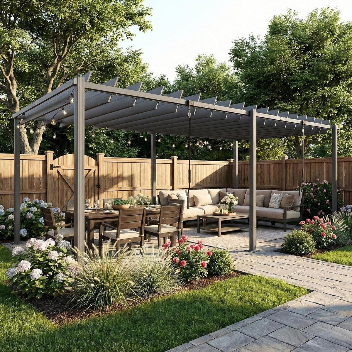 Pérgola de jardín Outsunny 3x5,7 m, cenador de jardín con techo de lamas ajustable a 90°, manivela, estructura de aluminio, protección UPF50+, pabellón para exterior, patio, terraza, gris oscuro