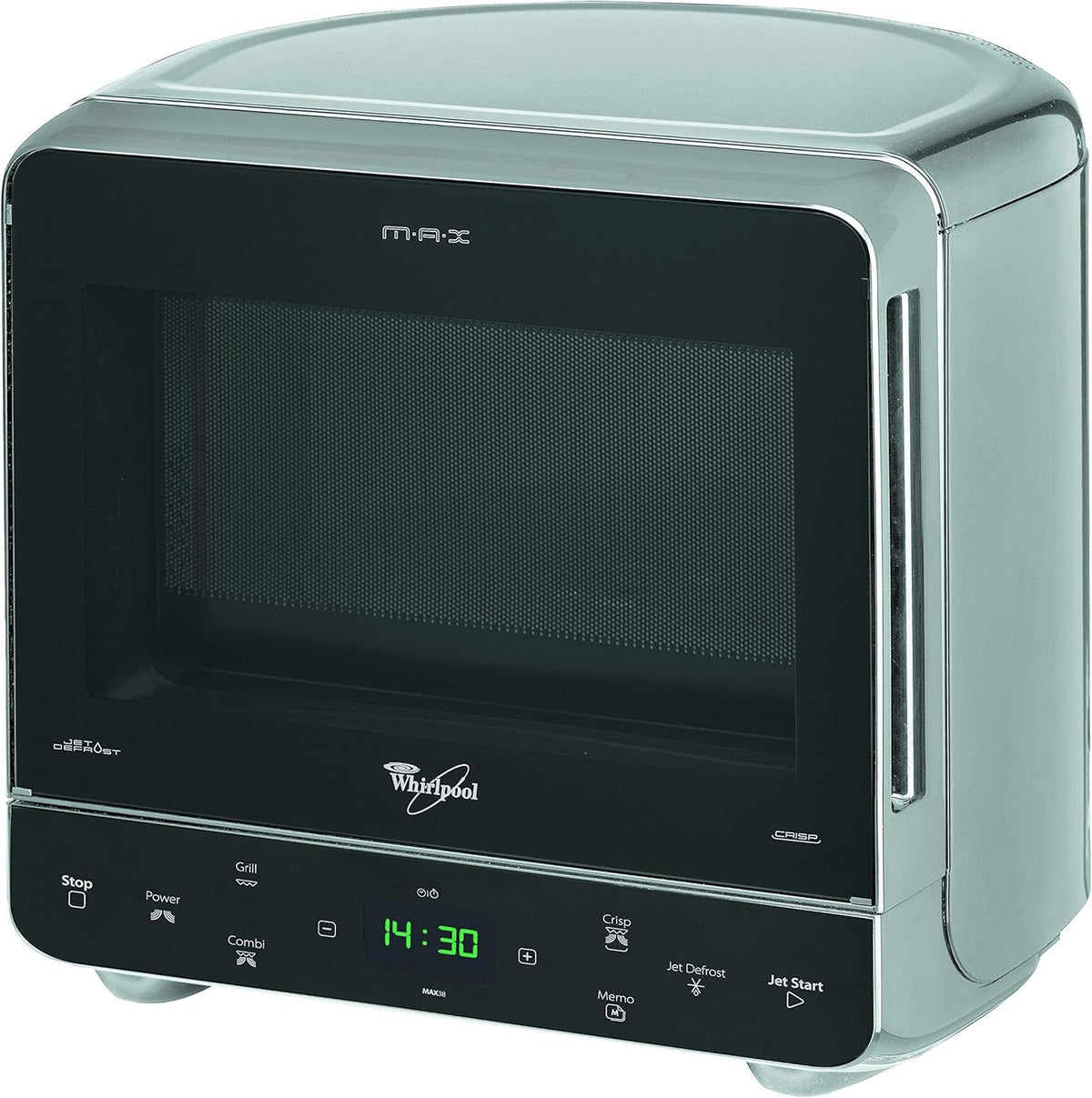 Whirlpool MAX 38 SL Combinación de grill y microondas / 700 W / 13 L de capacidad / Función Crisp / Diseño supercompacto que ahorra espacio en las esquinas / Grill / Función de descongelación rápida, plateado