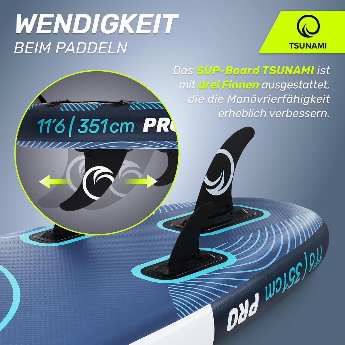 Tabla de Stand Up Paddle TSUNAMI PRO, tabla SUP con accesorios completos, bomba y correa de seguridad, capacidad de carga de hasta 160 kg, longitud 350 cm, material doble y refuerzos internos adicionales