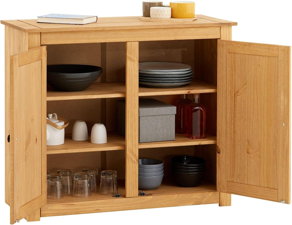 Cómoda CARO-Möbel Cancun, dos puertas, pino natural, madera maciza de pino, tiradores de metal, veteado de madera natural, cómoda para recibidor, armario de madera, mueble de comedor