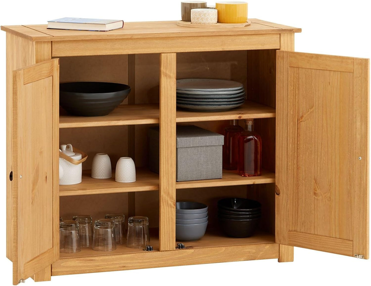 Cómoda CARO-Möbel Cancun, dos puertas, pino natural, madera maciza de pino, tiradores de metal, veteado de madera natural, cómoda para recibidor, armario de madera, mueble de comedor