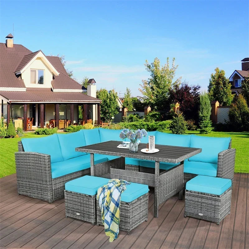 Conjunto de muebles de comedor para patio de 7 piezas de ratán con sofá seccional, mesa de comedor, otomanas y cojines