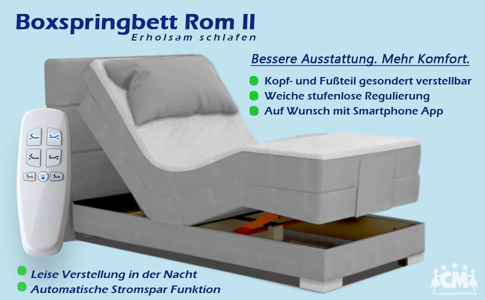 Cama boxspring Rom II 120x200 cm con ajuste eléctrico mediante motor, incluye colchón de muelles ensacados y topper. Grado de firmeza H2 / H3 / H4. Cabecero y piecero ajustables.