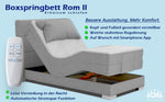 Cama boxspring Rom II 120x200 cm con ajuste eléctrico mediante motor, incluye colchón de muelles ensacados y topper. Grado de firmeza H2 / H3 / H4. Cabecero y piecero ajustables.