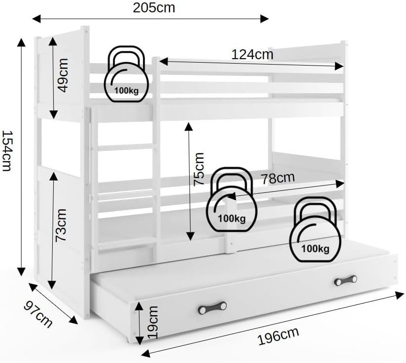 Interbeds Etagenbett für 3 Kinder Stockbett Hochbett 200x90 cm Holzbett Kiefernholz Kinderbett zusätzlicher Schlafplatz in der Schublade Jugenbett mit Lattenrost und Rausfallschutz