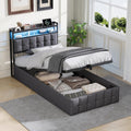 Bettgestell 90x200,boxspringbett mit LED,Einzelbett mit Stauraum,hydraulisch stauraumbett gepolstertes Bett,Funktionsbett Jugendbett mit USB,Polsterbett für 1 Person (Grau+Leinen)