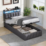 Bettgestell 90x200,boxspringbett mit LED,Einzelbett mit Stauraum,hydraulisch stauraumbett gepolstertes Bett,Funktionsbett Jugendbett mit USB,Polsterbett für 1 Person (Grau+Leinen)