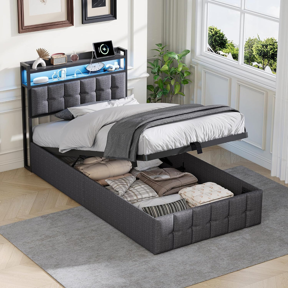 Bettgestell 90x200,boxspringbett mit LED,Einzelbett mit Stauraum,hydraulisch stauraumbett gepolstertes Bett,Funktionsbett Jugendbett mit USB,Polsterbett für 1 Person (Grau+Leinen)