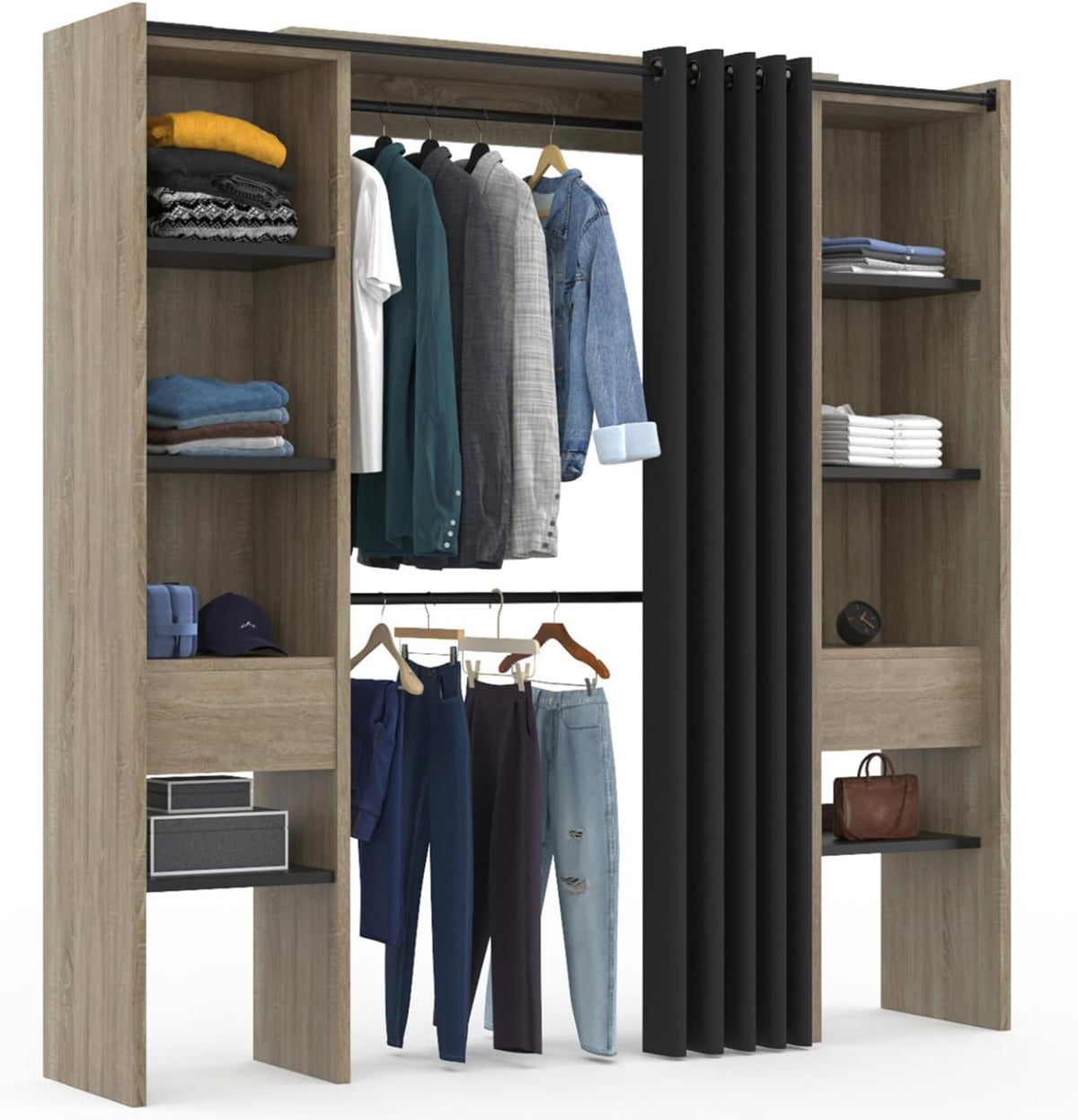 IDMarket - Vestidor extensible doble Meryl 120/180 x 50 x 180 cm haya con estantes color haya + doble barra para colgar + cortina negra