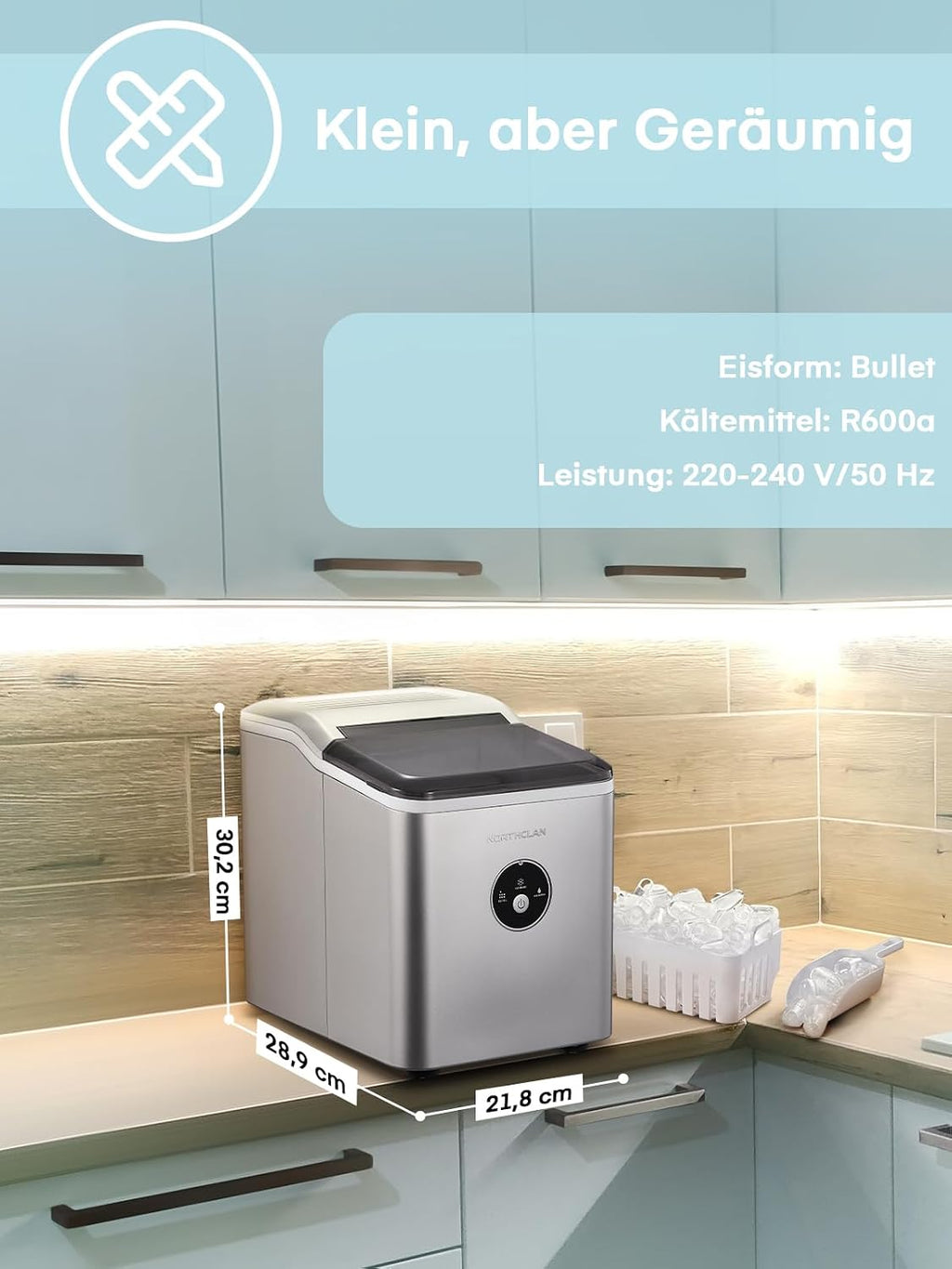 Eiswürfelmaschine Testsieger 2025, 14 kg 24 Stunden, 9 Eiswürfel in 6-8 Minuten, Gerauscharmer Betrieb, 120W Ice Maker mit Schaufel u. Korb, Eiswürfelbereiter Klein für Zuhause, Büro